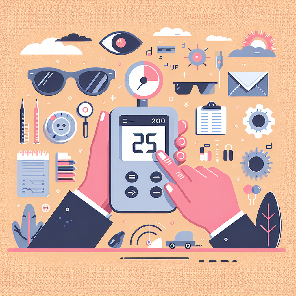 휴대용 UV 미터로 선글라스 차단 효과 측정하는 모습